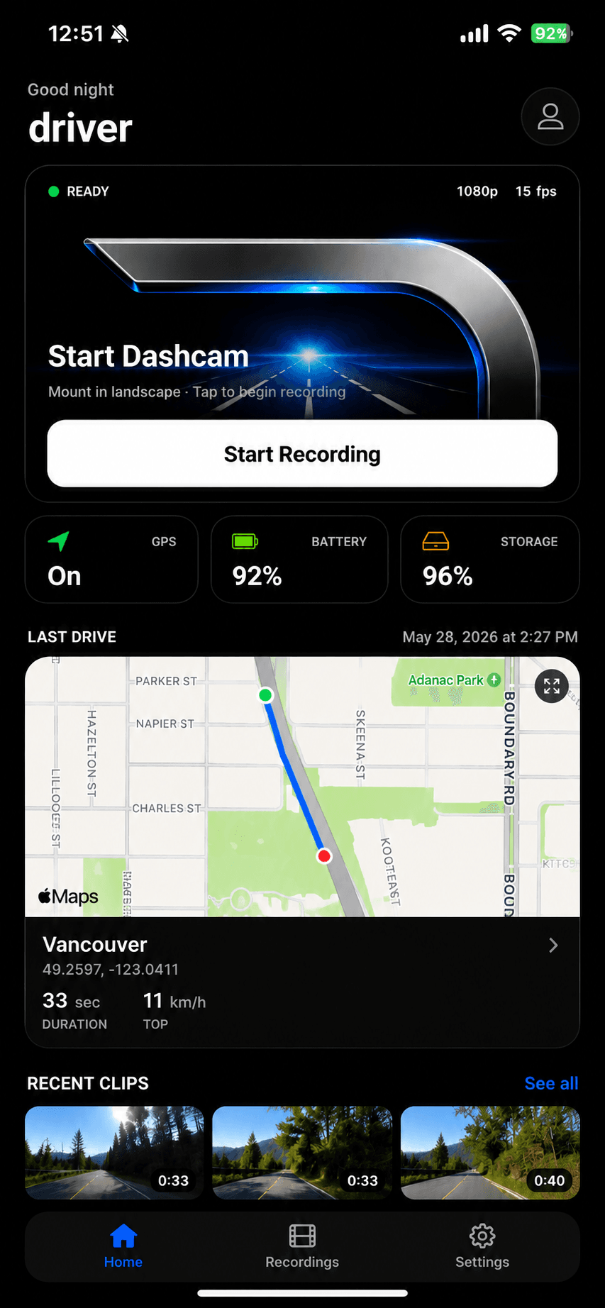 DriveVision home screen